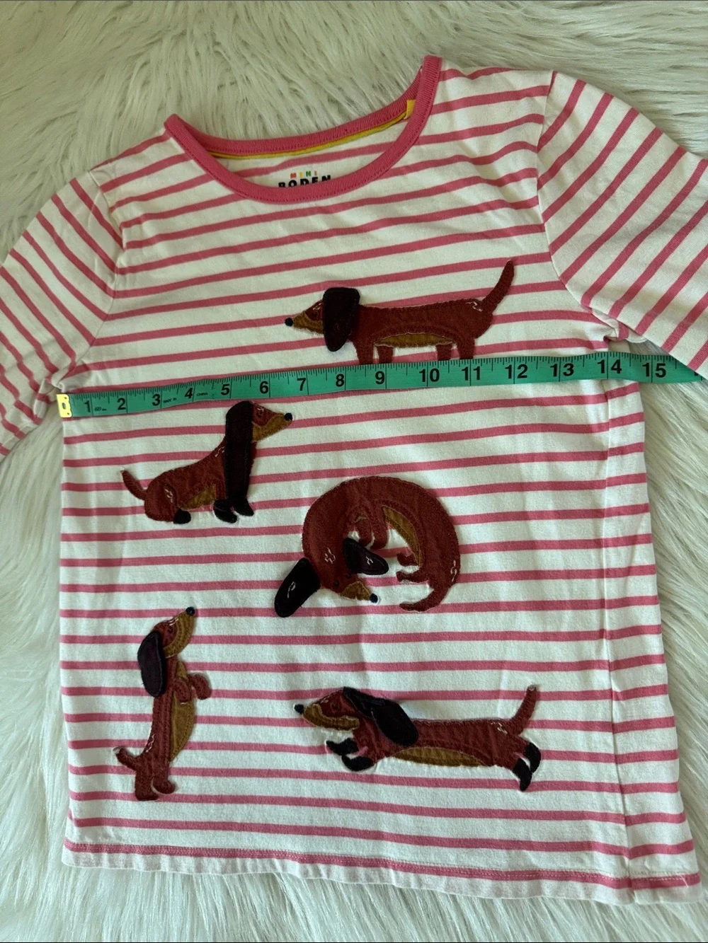 Mini Boden Girls' Pink Stripe Dachshund Applique Long-Sleeve Top Size 9-10Y